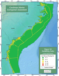 One of the maps from the Carolinian Assessment indicating area suitability. Click on image to enlarge.